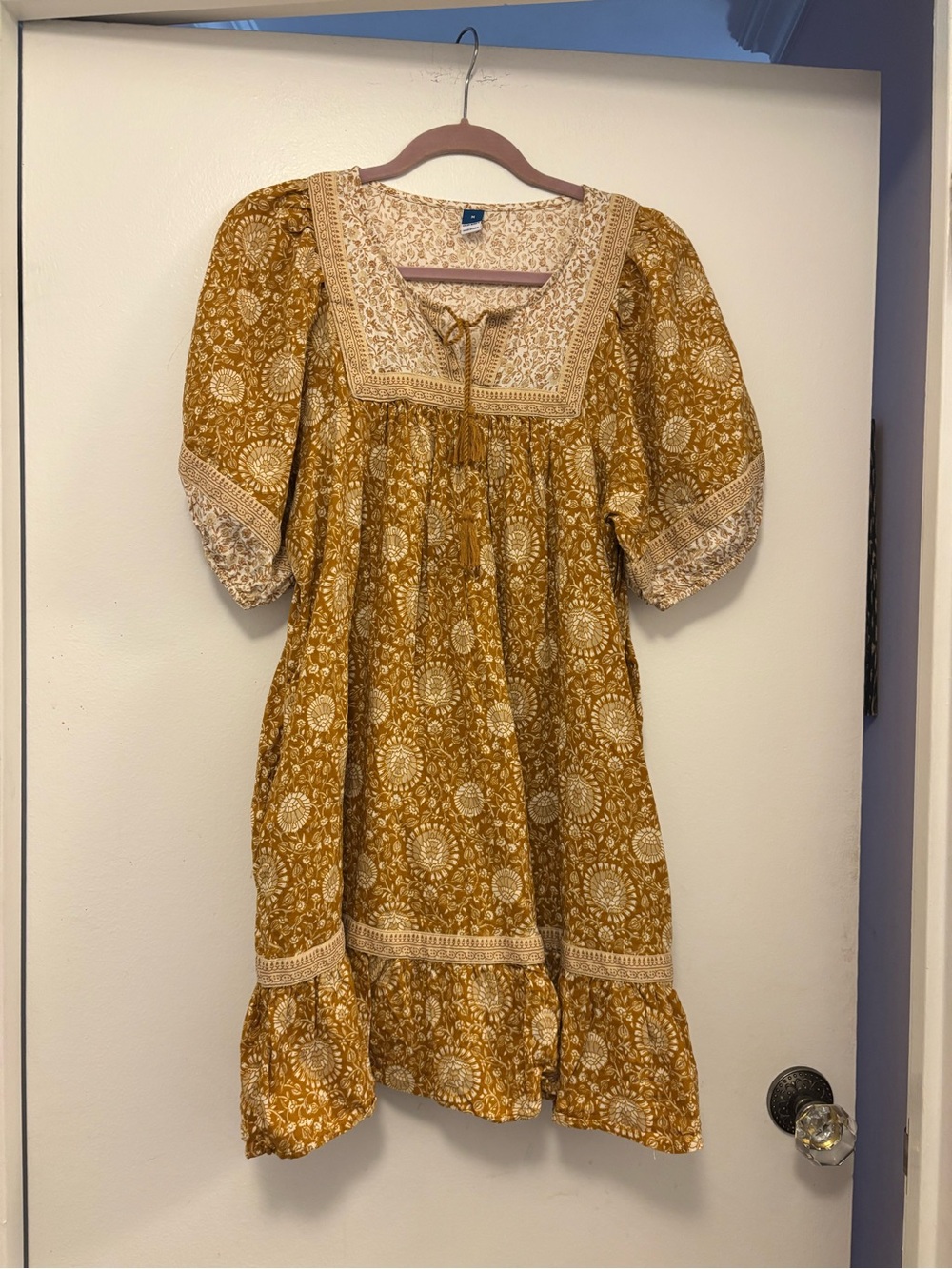 Old Navy Mustard Yellow Floral Mini Dress with Cream Trim cottage core